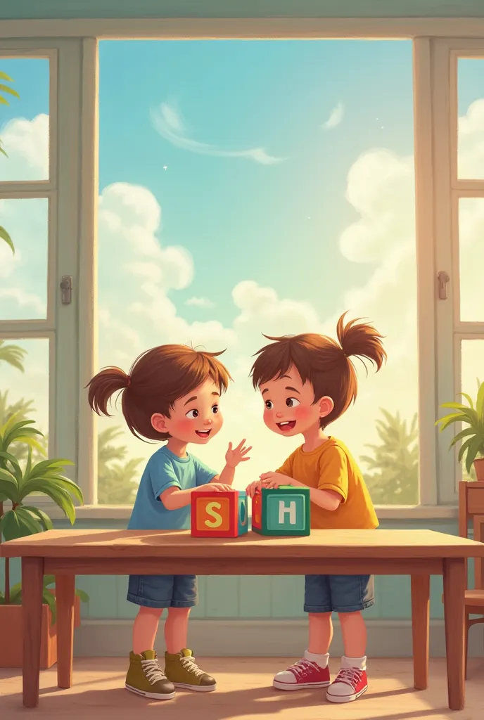 boy and a girl playing with abc letters big blocks on a table in a classroom and full sky bright view
