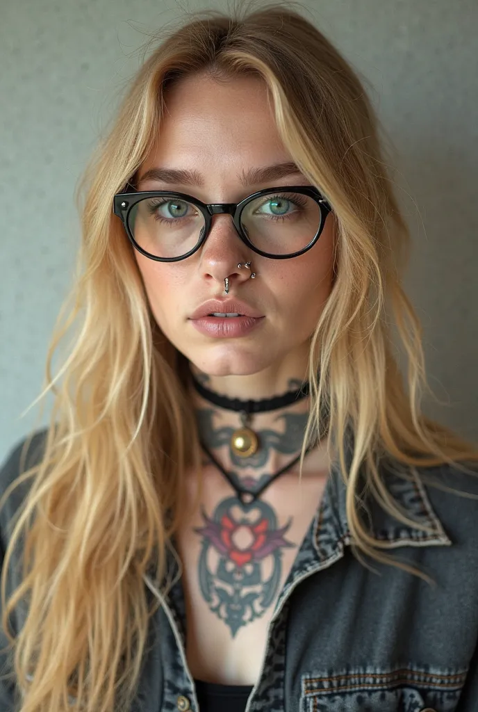 ID style photo of a girl with long blond hair, with glasses, with a septum on the nose and with tattoos on the neck