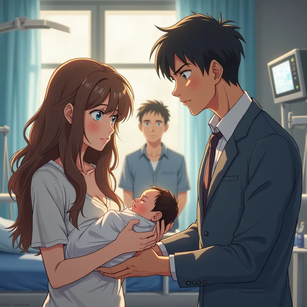 : An emotional anime-style scene inside a hospital room during the daytime. Sunlight streams through the large windows, casting a warm glow over the room. A young woman with long, wavy brown hair and tired eyes cradles her newborn baby in her arms. She loo...