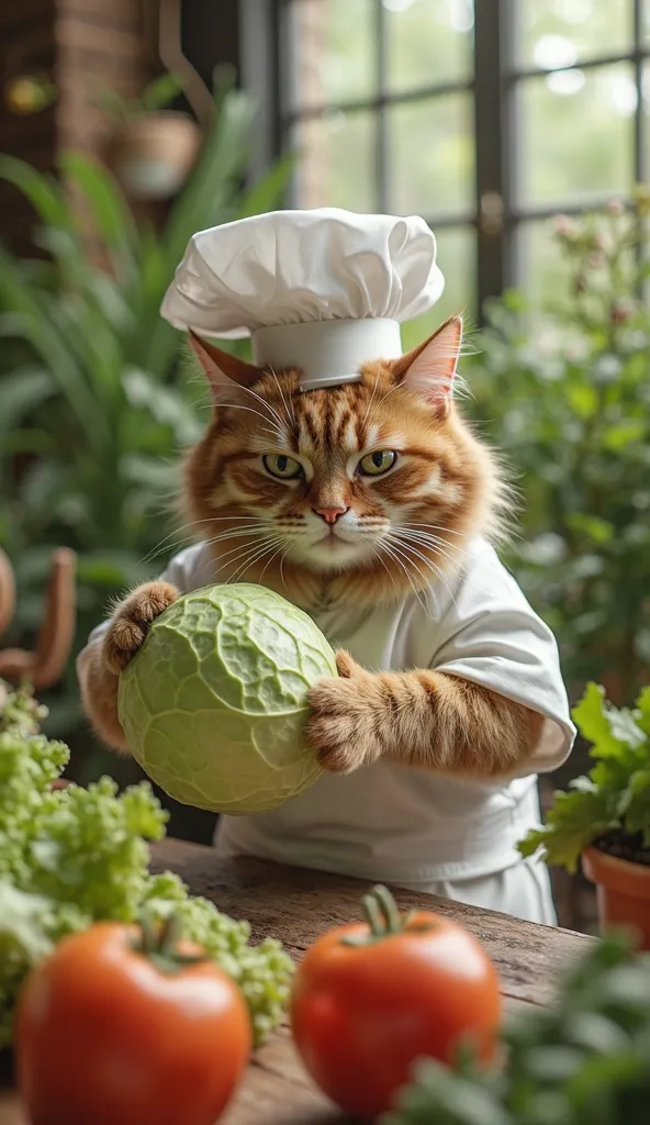 In the background is a natural environment and various vegetable gardens. In front of him, a cat dressed as a chef is stealing a cabbage from the table. Create a hyper realistic 16k resolution image.