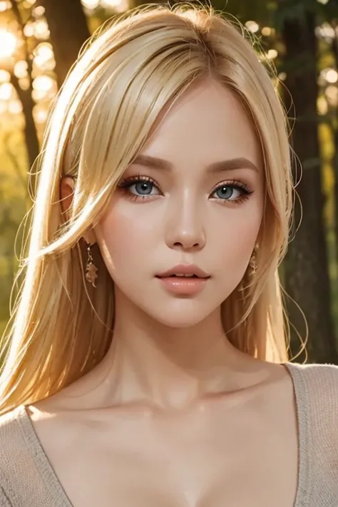 close-up portrait,  sexy SS blonde, parted lips, lips,  casual dress that pulls the POV, viewers, Forest Background, SUNSET LIGHT, realistic