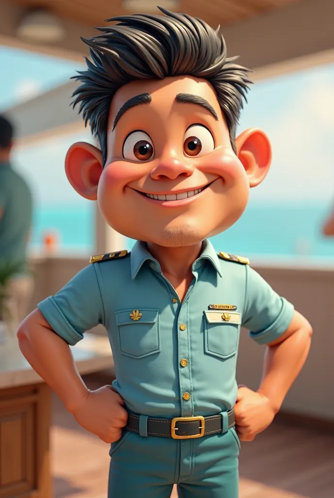  4D Caricature, a sweet easy guy whose name is typhoon wears a cruise service shirt in a cool style
