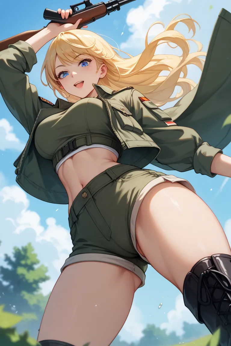 Draw a 17-year-old blonde slut in anime style. Long straight yellow hair loose in the wind reaching up to the waist. blue eyes. thin waist. big bulky butt. Wearing camouflaged army top blouse. Very short and tight camouflaged army shorts. sexy black boots....