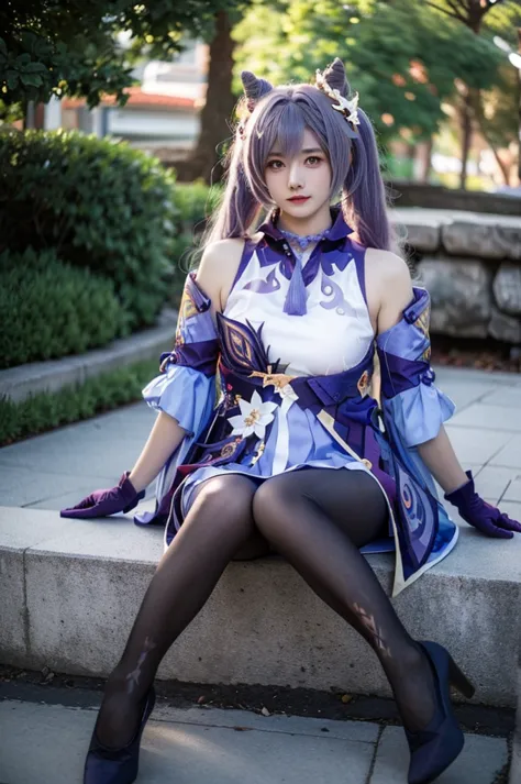 a cute girl, solo, cosplay,huge breast,closed mouth,shy,embarrassed, keqing_\(genshin_impact\), purple_eyes, purple hair, double tail, sharp eyes, gloves, black stockings,cosplay shoe,sitting unkind pose,outdoor,city,afternoon time,closeup body.