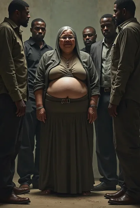 My old fat mother with big thighs, giant breasts and big breasts, is a Muslim woman standing with four black men in a room