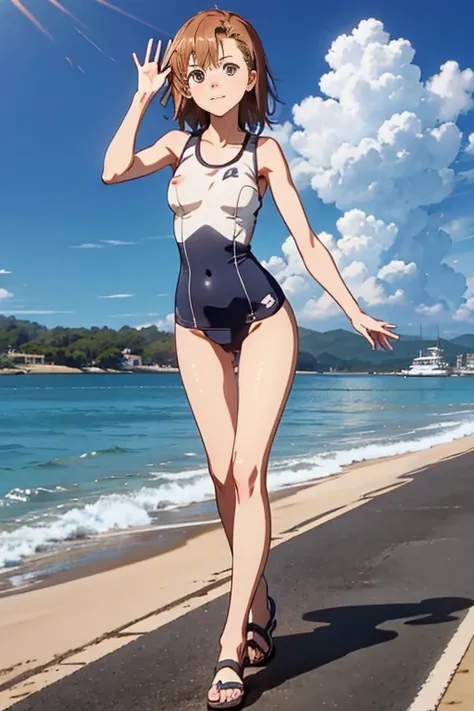 beach side、 Gliders are flying in the sky、Navy Blue Sandals、High Leg Swimsuit、dark blue tight school swimsuit、, protruding nipples、here、is waving、embarrassed expression、Misaka Mikoto、4K、high image quality、