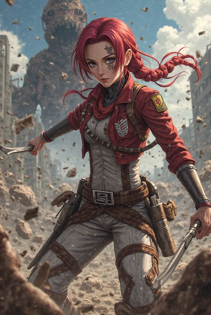 attack on titan screencap girl with long braid red hair black eyes wearing survey corp outfit final season fighting with titans Burn scar on half of the face