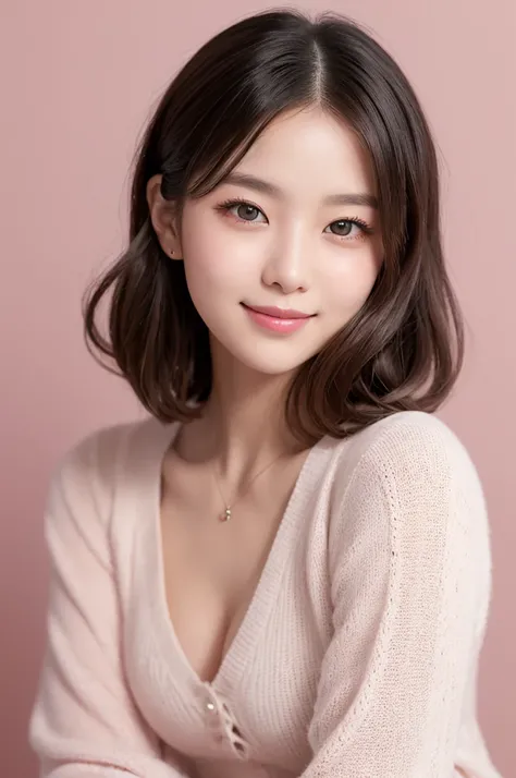 A bust-up portrait of an AI-generated model taken in the studio。 The model has curled girly hair、Dyed in a soft pink tone。 The background has a pink and beige color scheme and is dyed in a soft pink tone、complements the overall calm and elegant atmosphere。...