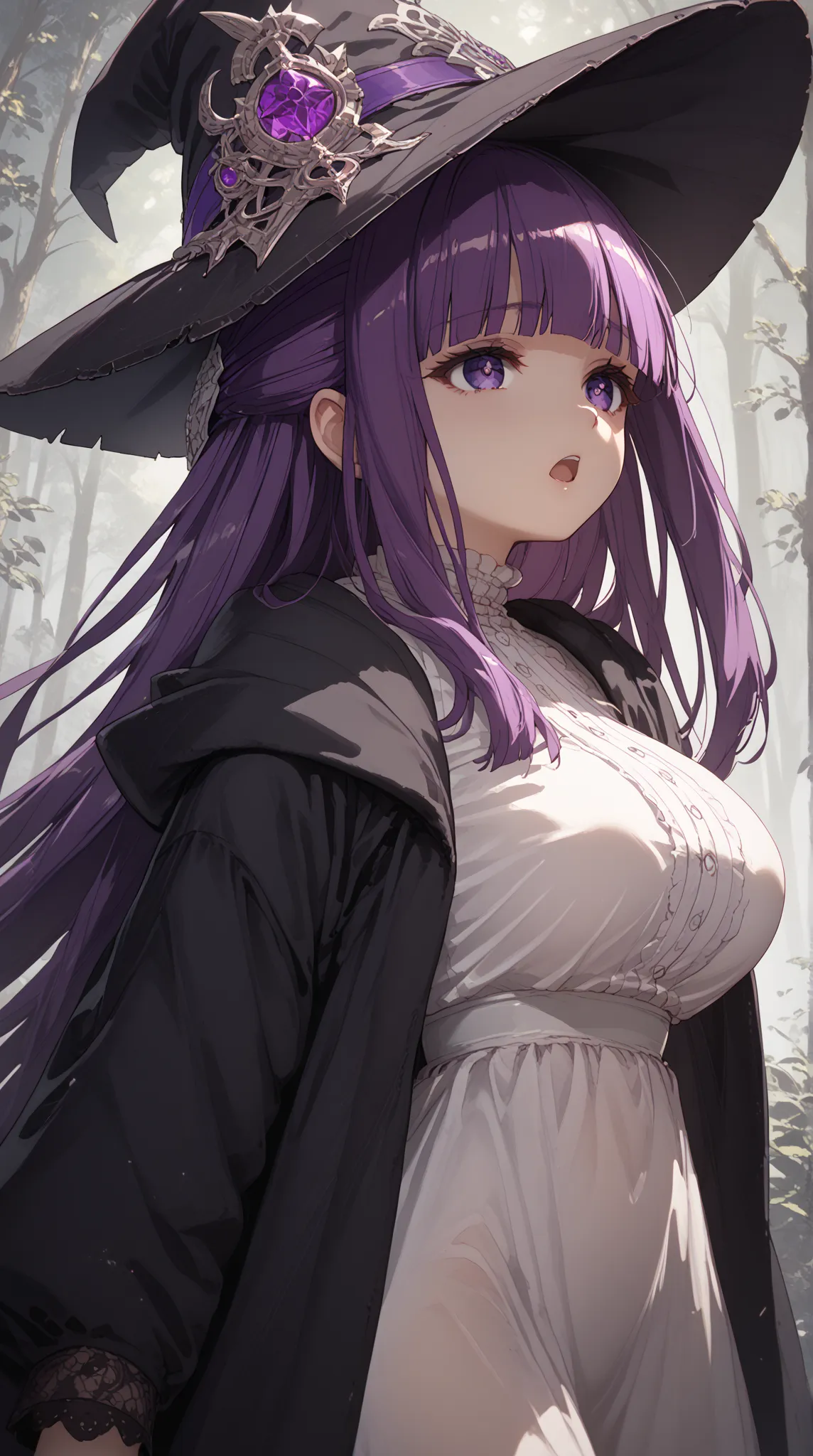 (fern \(sousou no frieren\), large breasts, long hair, purple hair, half updo, blunt bangs, purple eyes,),witch, Robe, Pointed Hat, An empty forest、 open your mouth、Stretch out your arms