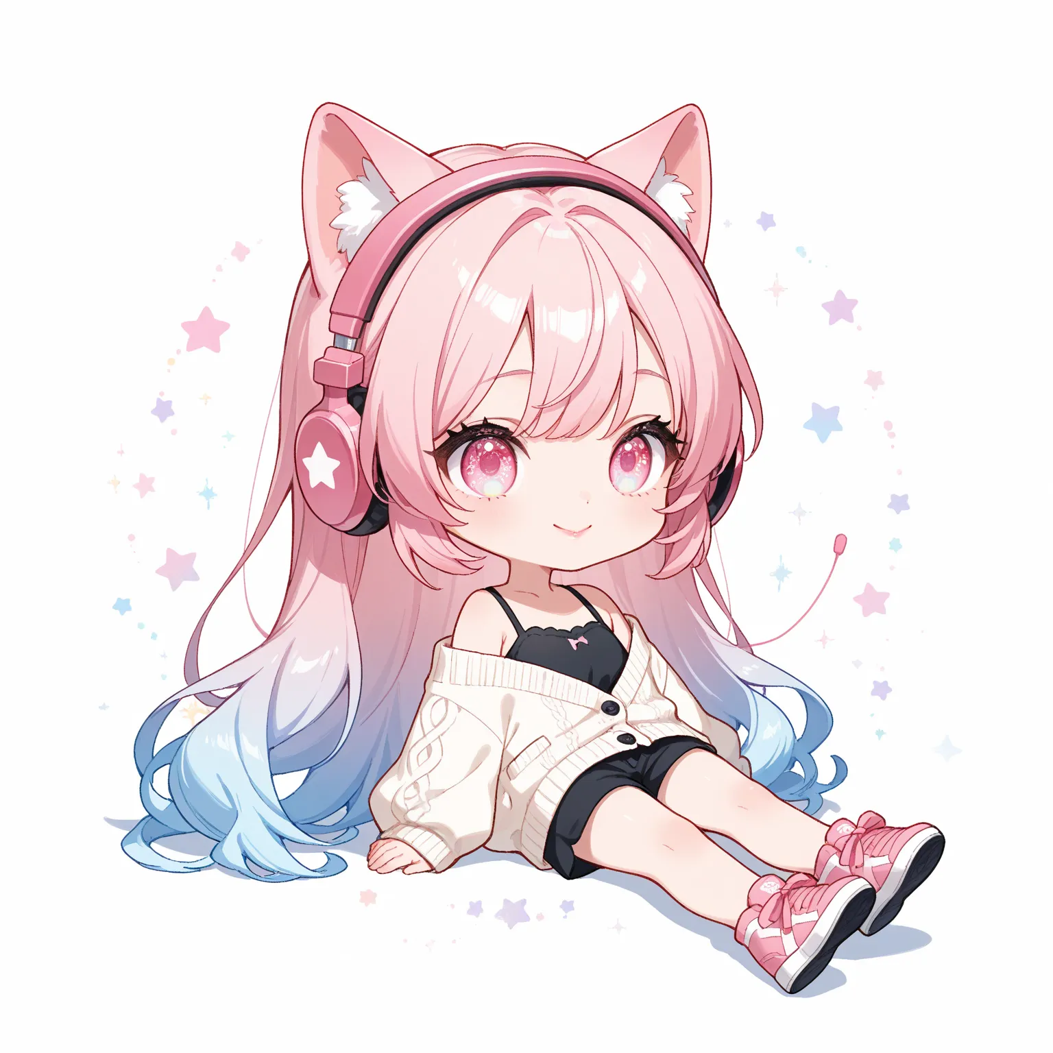 watercolor、fluffy、cute face、 sit、Cat ears、headphones、pink hair、long hair around the chest 、light blue gradation hair、Pink Eyes 、Glittering eyes、 Black Camisole、black shorts、pink sneakers、white knit cardigan、small lips、pink lips、 from afar、high quality,( 1g...