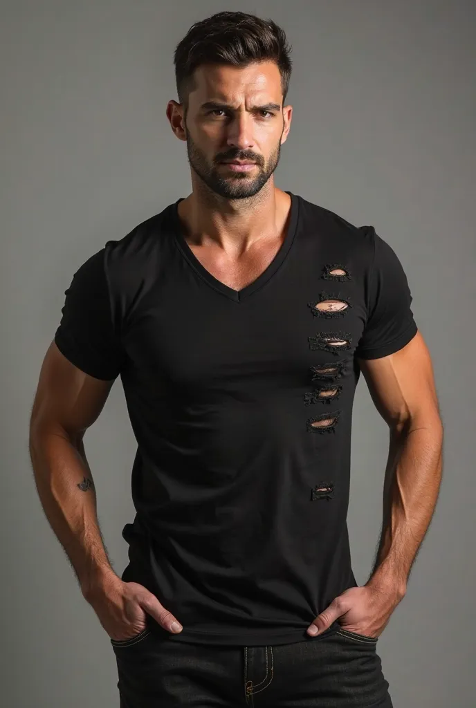 Men's black v-neck fitted t-shirt with two oblique rips at the top right and three oblique rips at the bottom left 