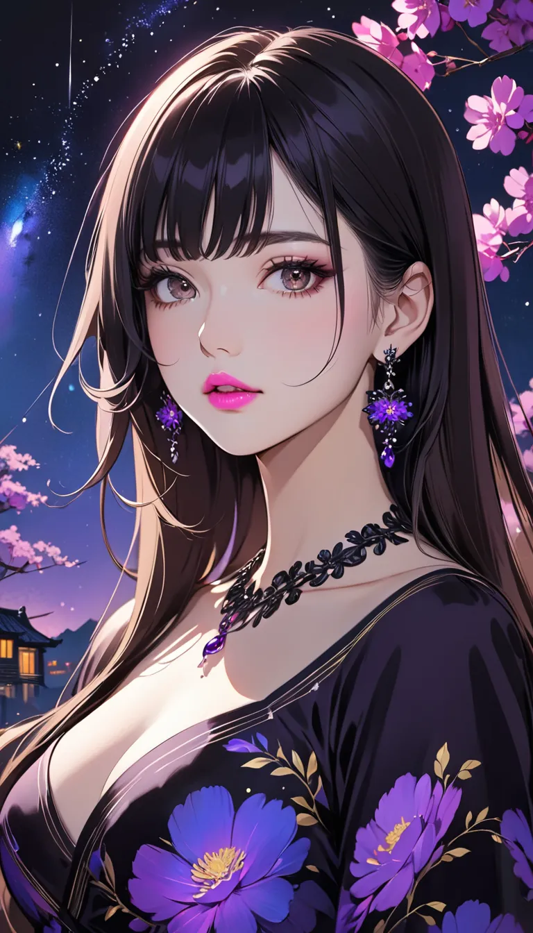 intense ink painting, 1 young woman with perfect face , perfect style, long brownish black hair , pink lips,   beautiful brown eyes, earrings, necklaces, purple sleeve dress,  perfect art , night sky, starry sky,  digital illustration art ,  anime illustra...