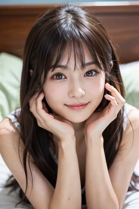  the young woman is lying on the bed 、Close-up of hands on chin, beautiful Japanese girl's face, girl cute pretty face,  pretty face,  Japanese models、looking at the camera、 beautiful eyes in every detail 、 cute smile、 Gentle and gentle expression  