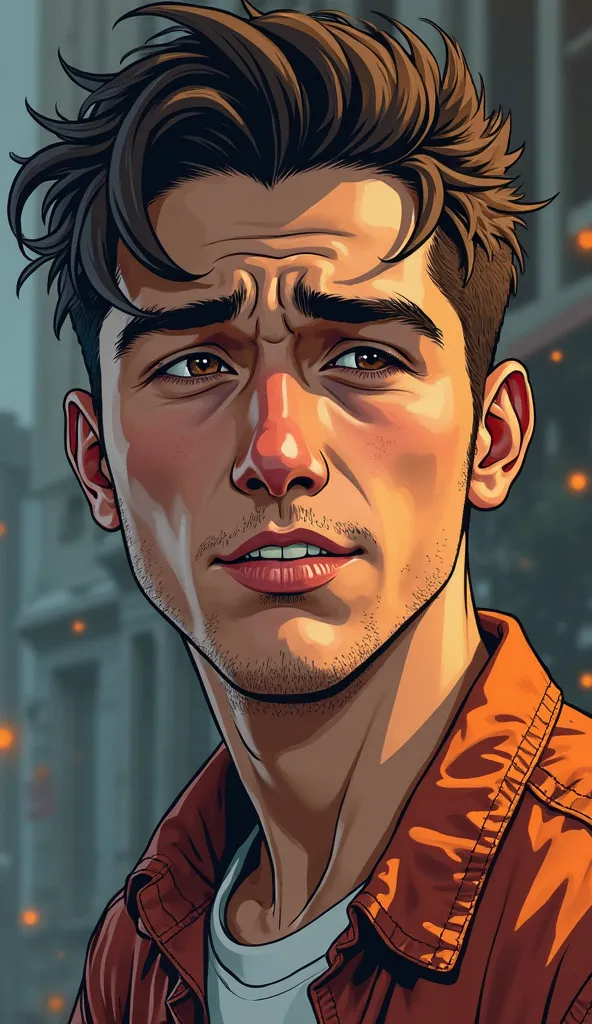 Create a very high quality image, in drawing, old comic book style, GTA6 style: Face of a young man with a disgruntled smile on his mouth and a deep sadness in his eyes, an image with lots of details, blurry background