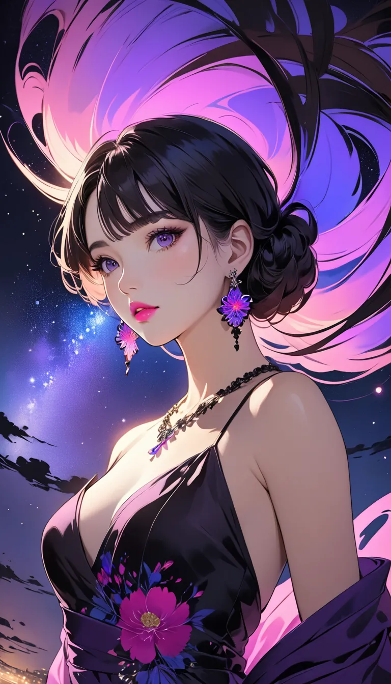 intense ink painting, 1 young woman with perfect face , perfect style, long brownish black hair , pink lips,   beautiful brown eyes, earrings, necklaces, purple sleeve dress,  perfect art , night sky, starry sky,  digital illustration art ,  anime illustra...