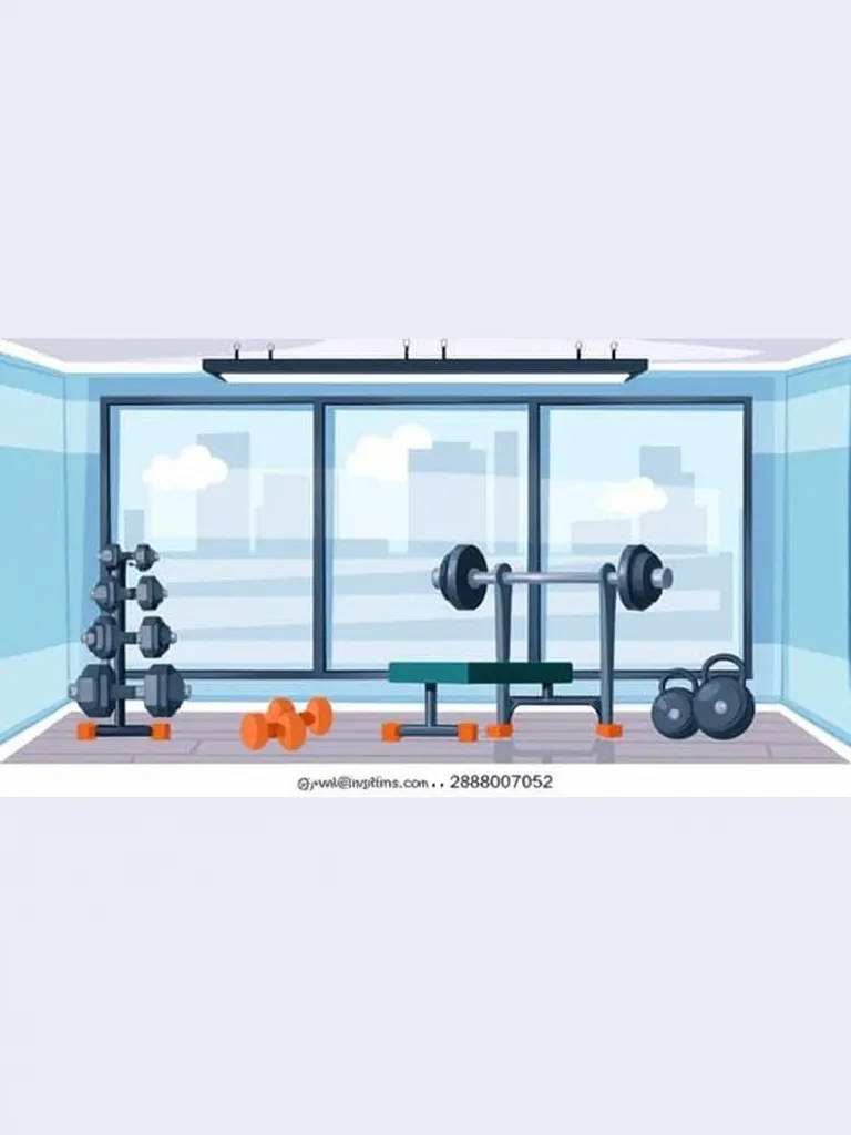 Digital art, digital illustration style drawing of a gym with dumbells and weights, without people high quality 8k