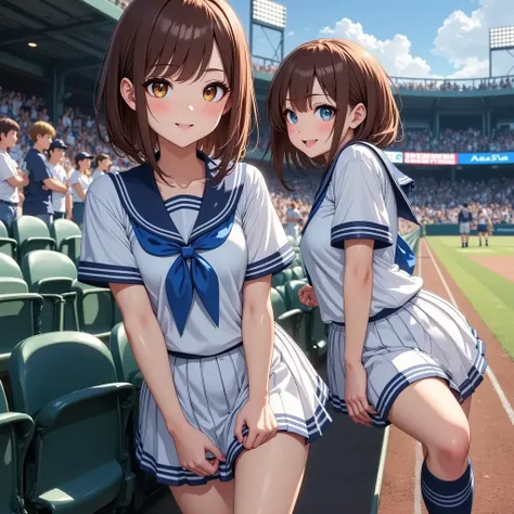 (TWO GIRLS), (top quality), masterpiece, aosiai123 ,  Bright Eyes ,  very big eyes, eye focus, Character focus, well-groomed face, textured skin, Sleeves Over Wrist, ((Baseball stadium spectator seats)), Supporting, white and blue skirt, viewers, The blue ...