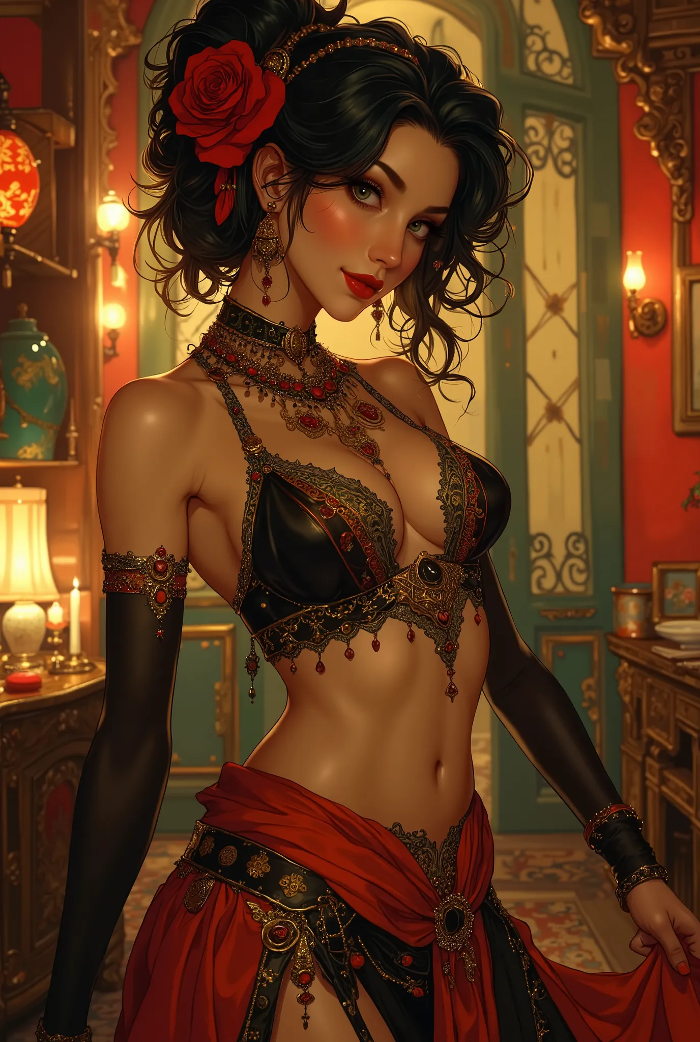 illustration of A stunningly beautiful girl, sexually suggestive illustration, a belly dancer in a vibrant pose, adorned with intricate jewelry and a red rose in her hair. the image also shows a woman who appears to be in her mid-twenties, wearing a black ...