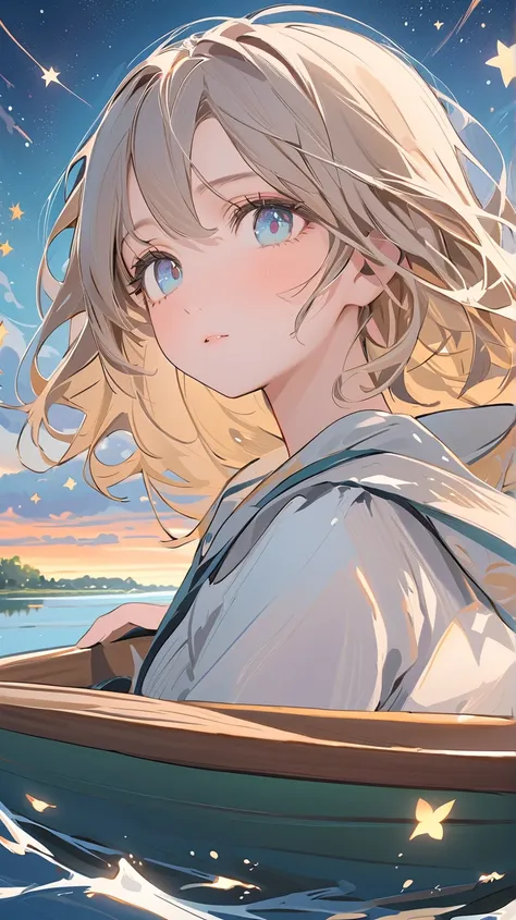 Beautiful illustration, close-up of a woman's face.
Under the dawn sky, a young girl is in a boat, rowing across a quiet lake. Her innocent eyes reflect the distant stars, and her expression is full of hope. A dreamy, fantastical light flickers on the surf...