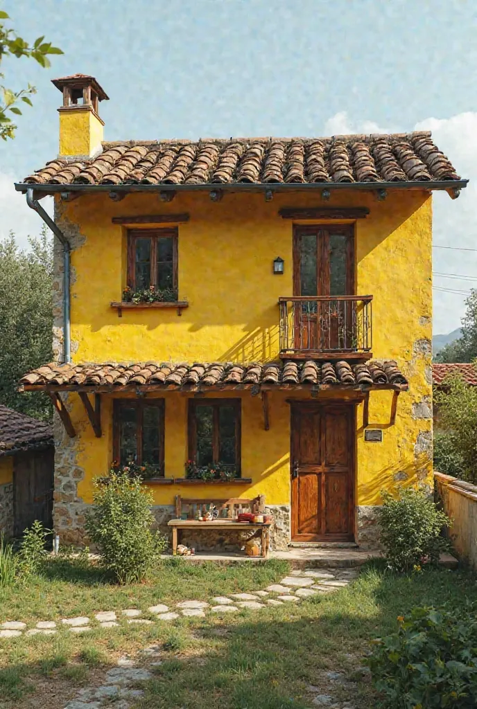 I would like to see what a two-storey house would look like,  painted yellow , Where do Arturo and Claudia live, with 4 cats and 1 dog. They want to create a permaculture project for food self-management, besides being able to do in the field that they hav...