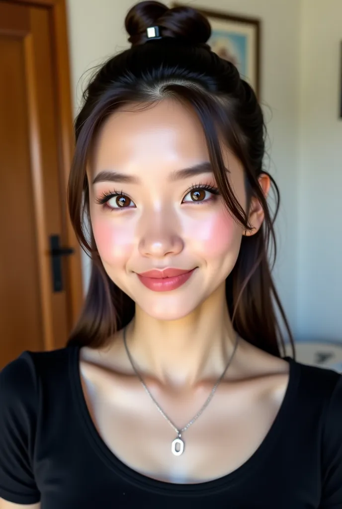 A hyper-realistic young woman, approximately 20 years old, with a slim build and fair, smooth skin, resembling a European appearance with a delicate, oval-shaped face, high cheekbones, and a subtly defined jawline. She has long, dark brown hair with a natu...