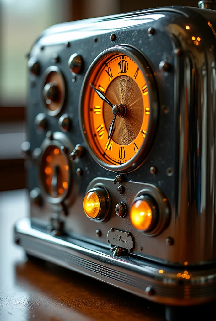 Close up of the toaster, with clock hands and glowing buttons on it