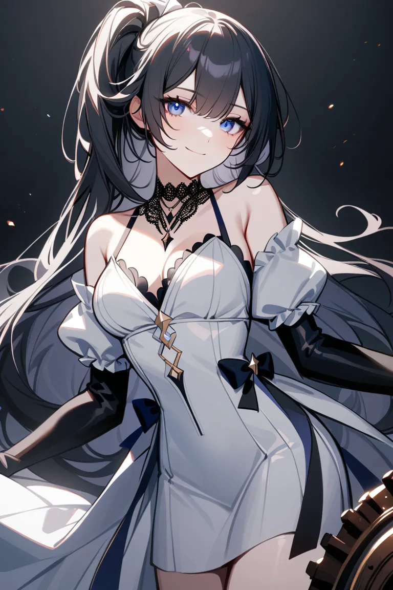 1 girl, Honkai Impact , tied in a ponytail, smile long hairมาก,  black hair, breasts,Blue eyes, smile,Blue and silver dress, Puffy arms  , lace collar   ,  long hair , miniskirt  ,  blouse open shoulders  , Young woman ,  looks at the viewer, Black Ribbon,...