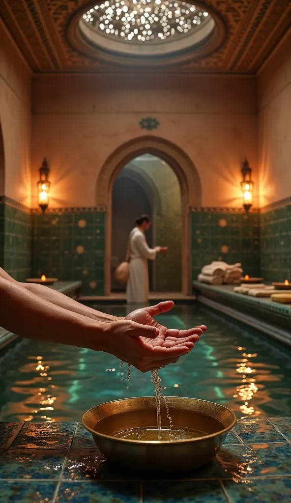 Ultra-realistic 8K POV shot of a relaxing evening inside a traditional Merinid hammam in Tanger, northern Morocco, 14th century. Foreground: Two hands scoop warm water from a brass bowl, pouring it over bare arms. The water glistens in the dim candlelight....