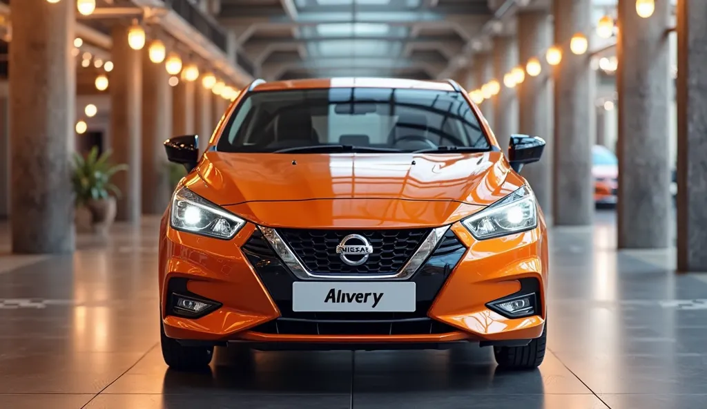 Create straight front  view of a  modern 2025  Nissan Almera in  Premium Corona Orange color in Lexury Bright showroom background captured from straight front  view in sports look and overall 3d render and reflecting lights on car body and write  Almera  o...