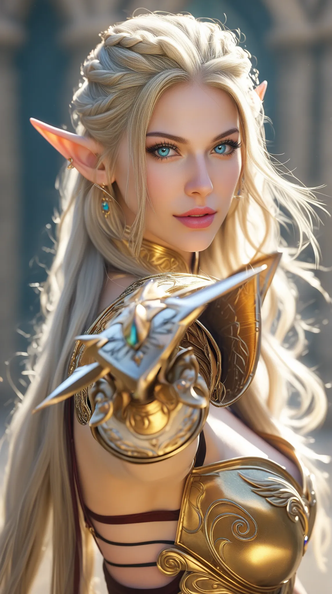 A stunning high fantasy female elf warrior with long flowing platinum blonde hair, piercing blue eyes and elegant pointed ears. She wears intricately designed white and gold armor with delicate carvings and ornate details, revealing her toned abdomen. She ...