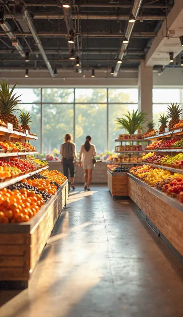 A bright, modern grocery store fruit section on a calm Monday morning, filled with fresh, colorful fruits — oranges, apples, bananas, berries, and pineapples — perfectly arranged on wooden shelves and baskets, soft natural light filtering from large window...