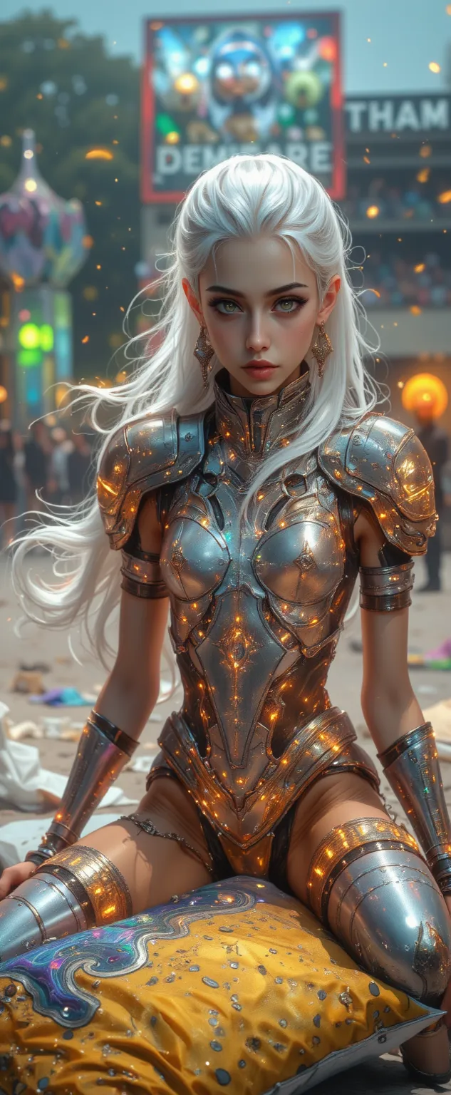 long fierce female warrior, gray skin,  flowing silver hair , silver eyebrows, Her eyes are golden and silver.  Her eyes are gold and silver , Glowing golden lines,  She is surrounded by a swirling crowd of luminous circuits , can be rendered in realistic ...