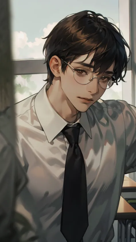    masterpiece  ,  Top Quality, one person,Mild masculine,Afternoon，classroom，Podium， male， white shirt，tie，Black Framed Glasses，teacher，brunette，brown eyes，gentle expression，bust