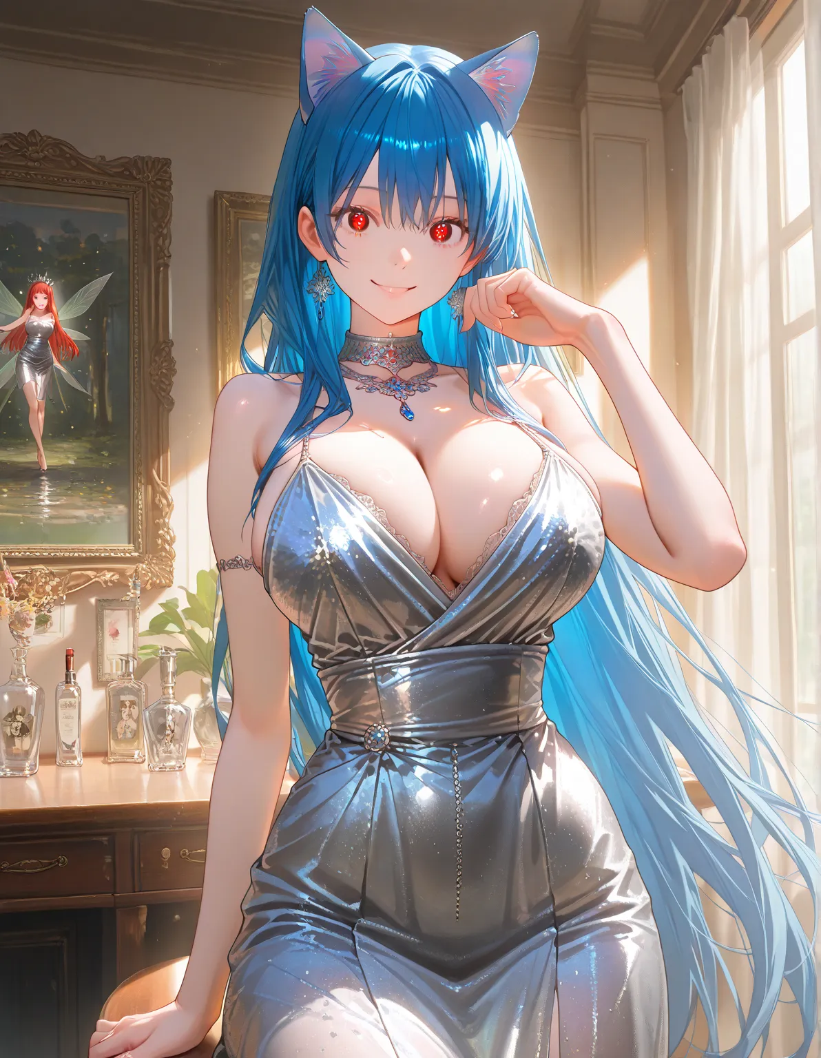 1 girl, Blue Hair,  very long hair, red-eyed, big chest, Cat ears,  redhead, . Anatomically correct , full character design, Aperture F2.8, Detailsระดับ8k, Translucent Kit, Masterpiece, precise, honored many times, qualityที่ดีที่สุด, Details, โมเดลTranslu...