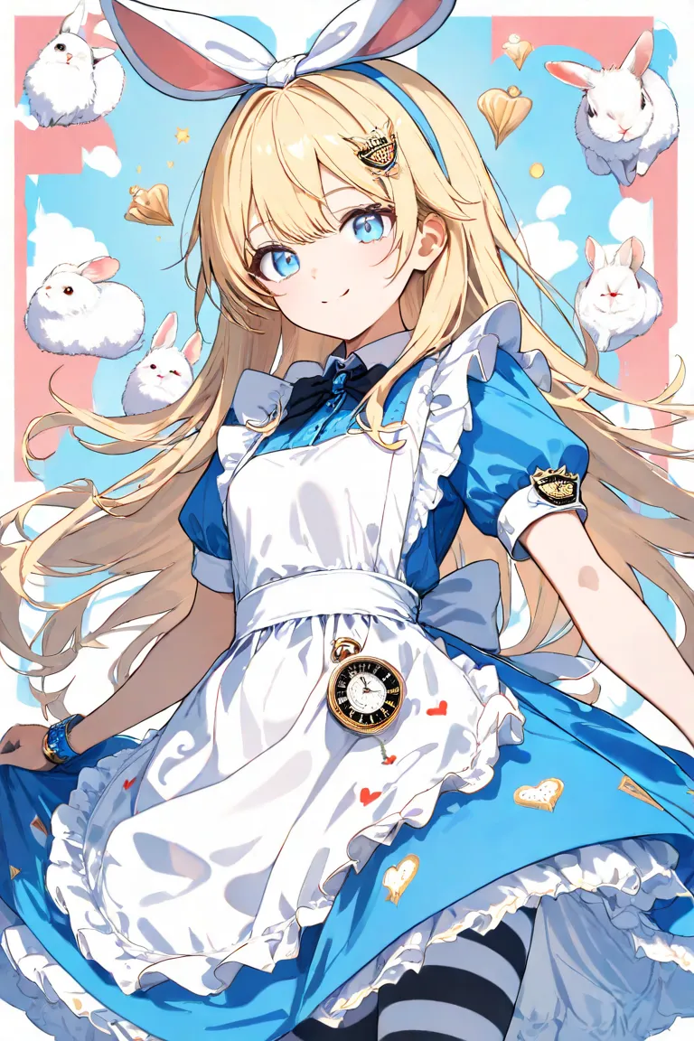 masterpiece,top quality,Super Detail,8k,Alice in Wonderland, Young smiling face,  blonde hair, fluffy white ribbon, blue eyes, blue ruffle skirt, white apron, Striped Tights , simple background, Rabbit, Trump Watch