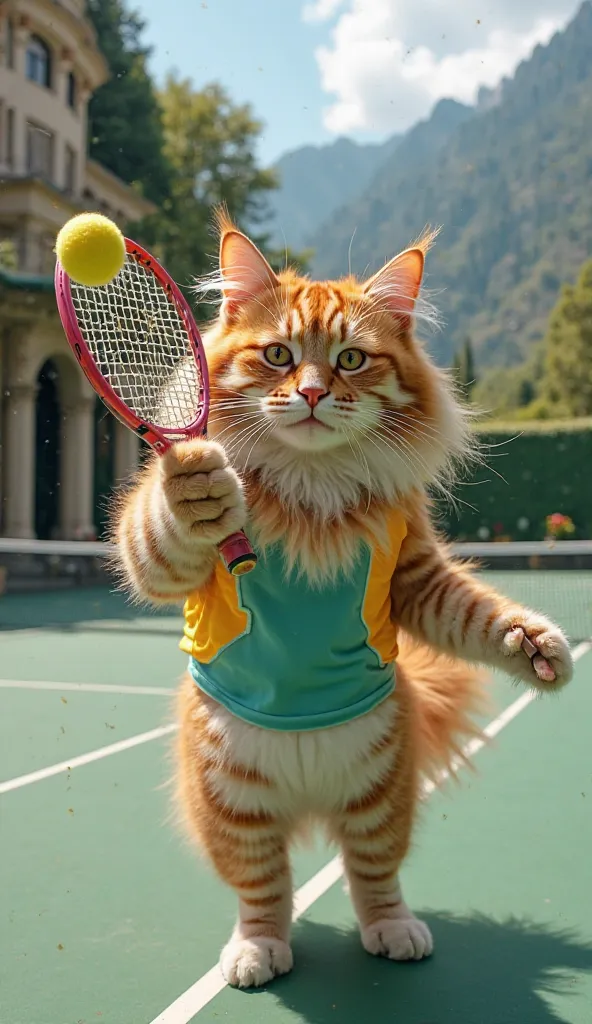 "An adult long-haired and fluffy orange angora cat and a little white tiger cub, both dressed in colorful and stylish tennis outfits, playing tennis on a professional tennis court, located in a beautiful mansion with luxurious architecture and lush gardens...