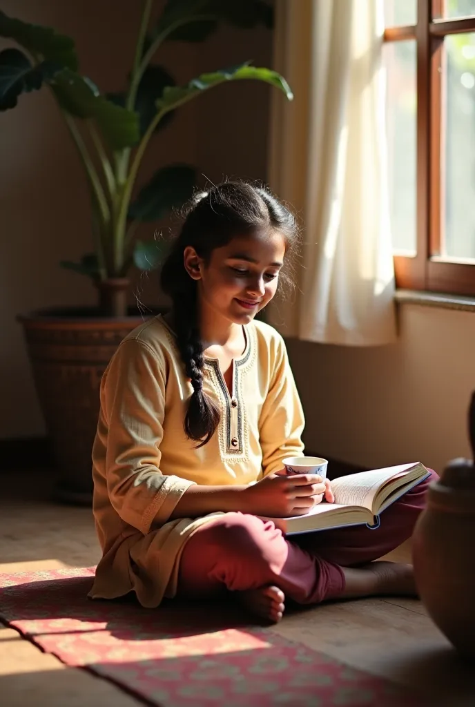 The same 18-year-old Indian  girl, now sitting on the floor of her home, wearing a simple cotton kurti and leggings. Her hair is loosely tied in a casual braid, and she has a relaxed, warm smile. She is sipping chai from a kulhad or reading a book near a w...