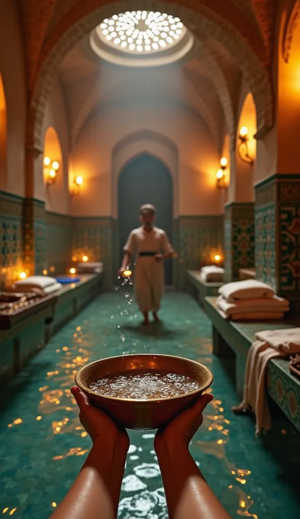 Ultra-realistic 8K POV shot of a relaxing evening inside a traditional Merinid hammam in Tanger, northern Morocco, 14th century. Be historically accurate , Foreground: Two hands scoop warm water from a brass bowl, pouring it over bare arms. The water glist...