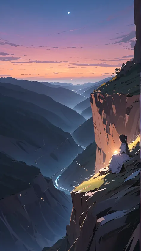 A beautiful illustration, close-up of a woman's face,
A woman sitting on the edge of a desolate cliff. In front of her is a deep, dark valley, but at the bottom of the valley, a small, faint light flickers. She reaches out to the light, trying to grasp a f...