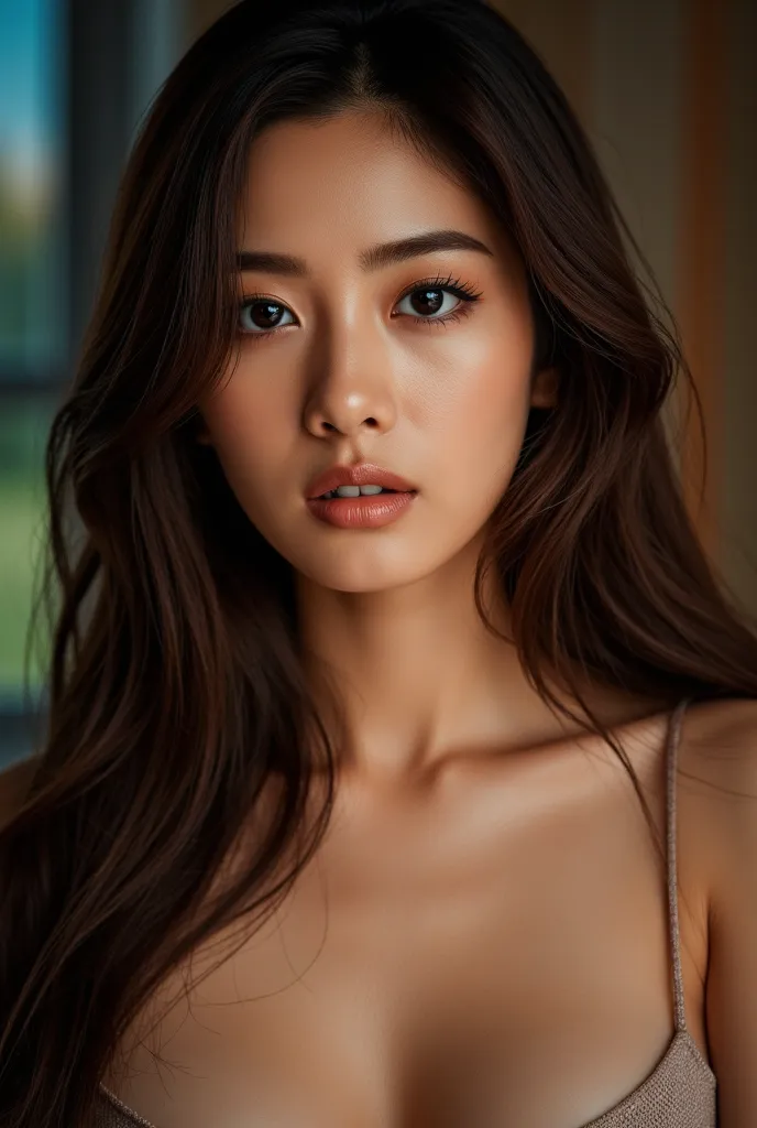 Beautiful woman with long brown hair, detail eyes, Thin and high nose, With plump lips, Thin jaw、全naked,naked、  and , computer with my nipples standing tight,  hp computer (best quality,4K,8k,High Resolution,masterpiece:1.2),super detailed,(realistic,photo...