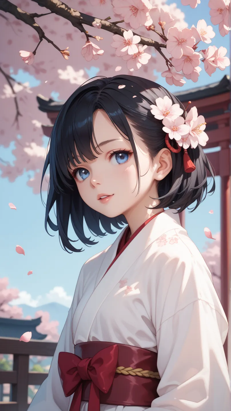 cherry blossoms、hidden hair, solo, blue eyes,  black hair, 