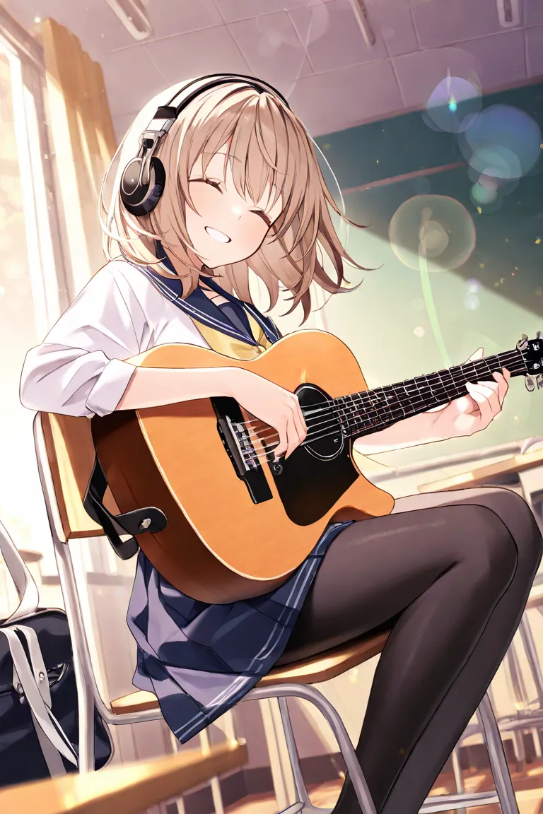 indoors、 girl、light brown hair、medium hair、headphones、close eyes、 songs、model body type、 school uniform、black tights、 student bag、Classical Guitar、fun、sit on a chair、Playing the guitar、School Classroom、(lens flare:1.5),best image quality,