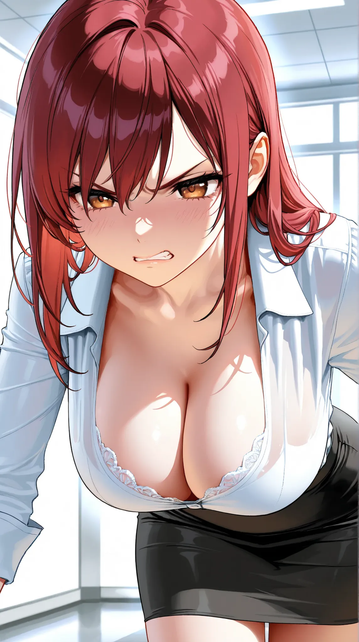 ((top quality)),( Ultra High Resolution ),(very well detailed),( detailed description),(( best CG )),(masterpiece), Ultra Detailed Art ,Amazing Painted Art,(Art with Delicate Details:1.5), woman, beautiful well-groomed face, office lady, deep cleavage, blo...