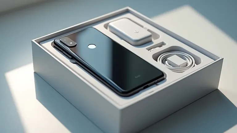 Google Pixel 9 inside its box, lid slightly open, showing accessories like charging cable and manual, ultra-HD, realistic shadows.
