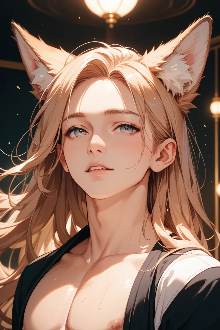 A fox has ears and a tail、Beautiful, timid man with long hair and saggy eyes。I feel disgusting