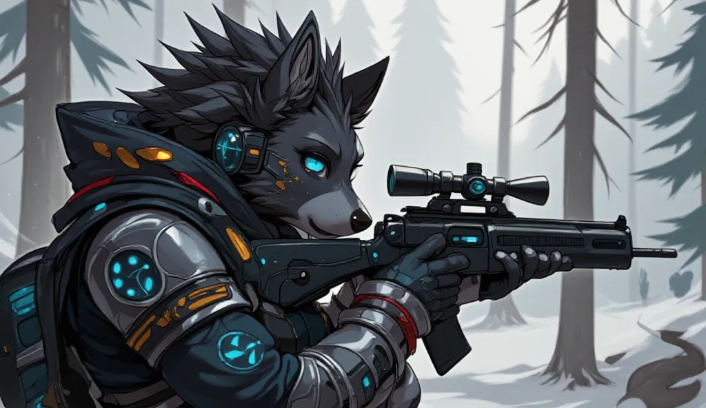 Furry electronic wolf sniper，， slim 、agile、Cold。70% Beast features，Covered with dark fur，with electronically enhanced wolf ears，Super sensitive hearing。Heterochromatic Eyes （left gold，Right blue），Integrated targeting HUD。wears a high-tech armor coat，is mad...