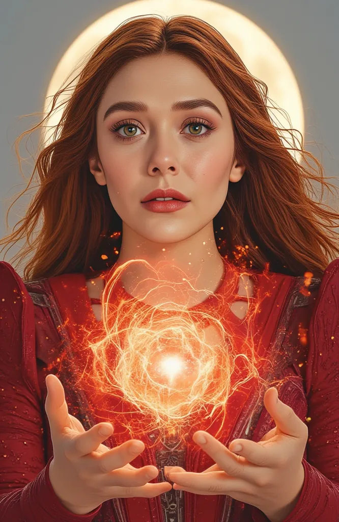 score_9, score_8_up, score_7_up, by 0r0ch, 1lilandavastyle, solo, scarlet witch from movie "doctor strange madness of multiverse", elizabeth olsen, wearing scarlet witch costume, modern style costume, red magical energy swirling condensed in her boths hand...