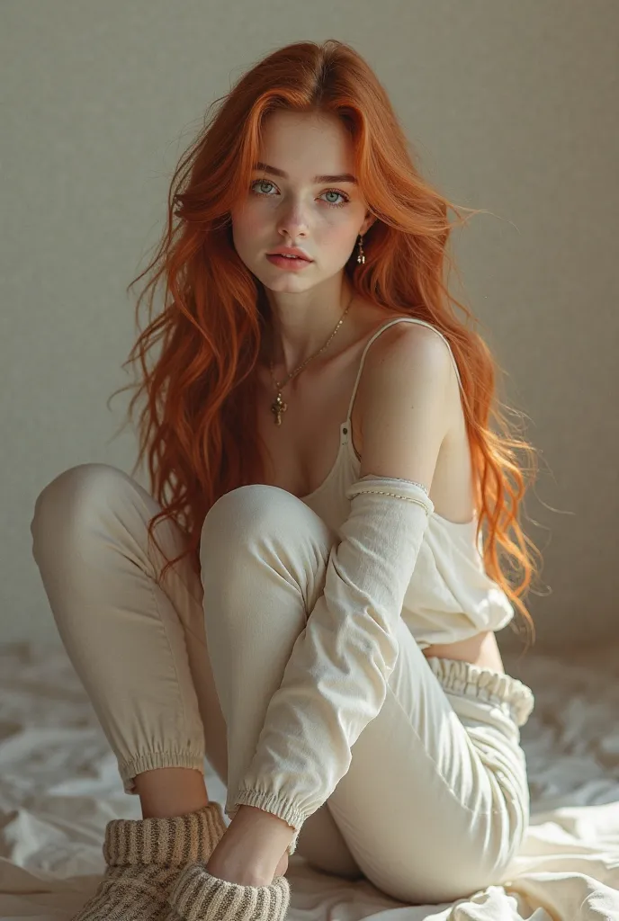 A beautiful girl with long wavy hair, wearing  socks and pants