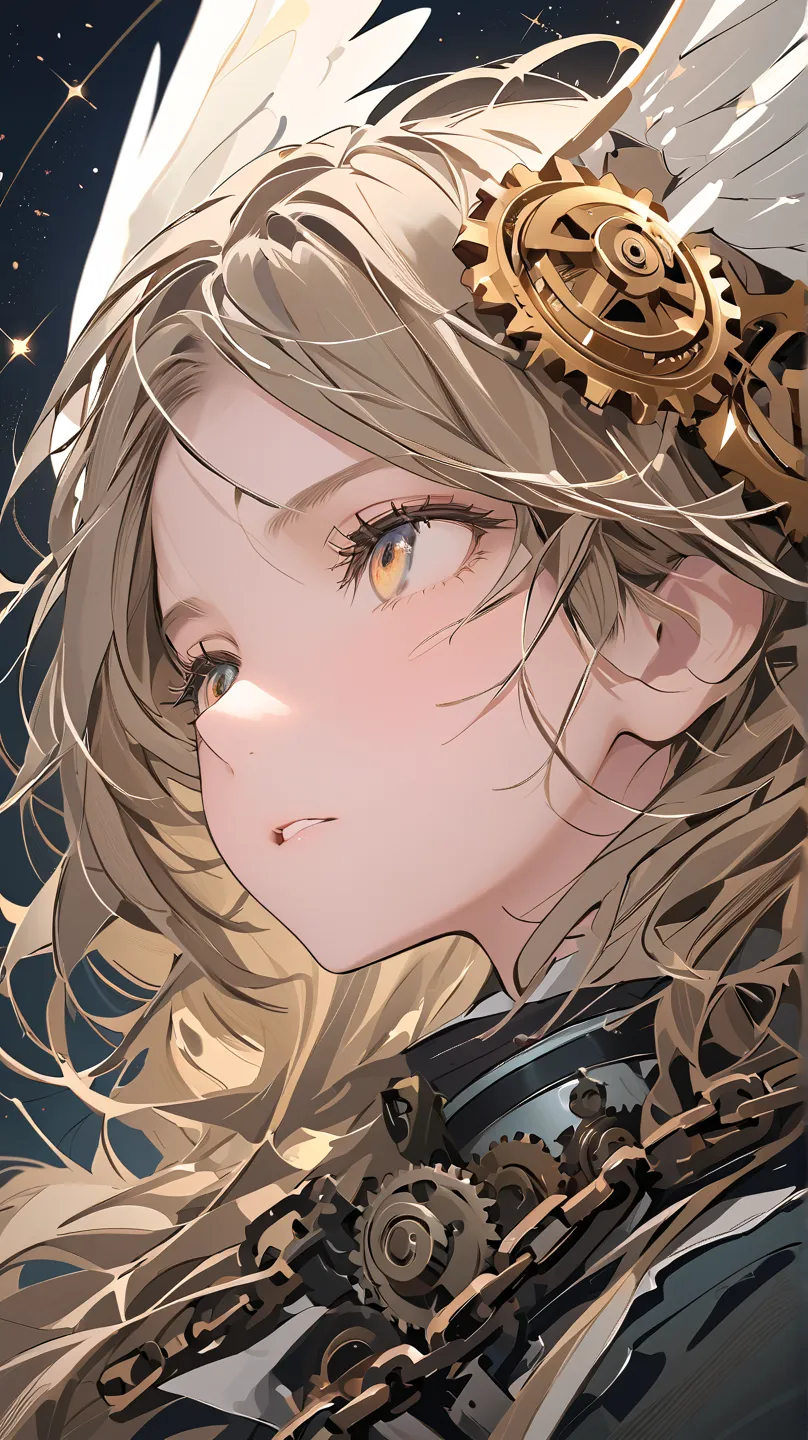 A beautiful illustration, a close-up of a woman's face.

A woman with delicate wings is about to be crushed under a giant gear, but she desperately looks up to the sky. Gears and chains are entangled around her, symbolizing the oppression, and a ray of lig...