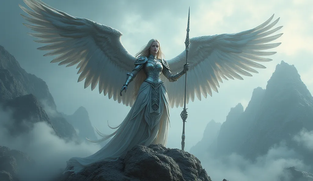 a majestik female valkyrie with a spear and silver armour, standing on cloudy mountens while fully opening her wings. A a terrifying war on the background.